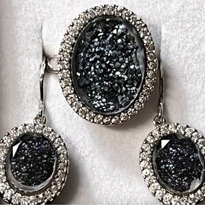 Estate 925 JCD China Faux Blue Druzy & CZ Ring with Matching Pierced Earrings